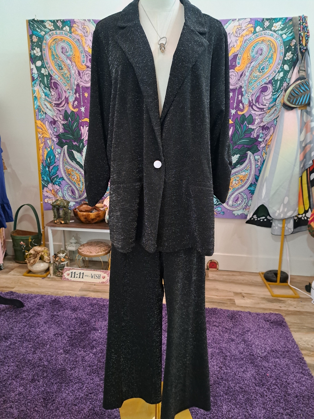 Silver Static – Black Metallic Sparkle Power Suit | Oversized Blazer 2X + Wide L